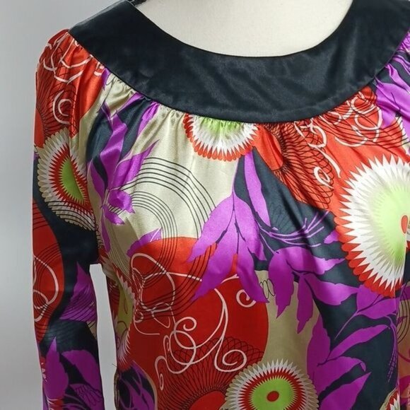 BCBGMaxAzria Blouse Multicolor Abstract Geometric 3/4 Sleeve Satin Size XS - Picture 3 of 8